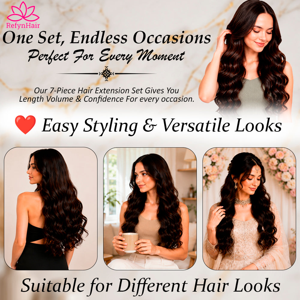 Set of 7 Clip In Hair Extension-4 Clip (1pc), 3 Clip (2pc), 2 Clip (2pc), 1 Clip (2pc)